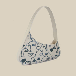 Vintage Canvas Shoulder Bag with Character Print - White Minimalist Hobo Tote